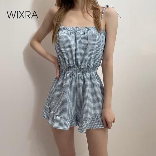 Wixra Womens Plaid Ruffles Playsuits Fashion Street Style Ladies 2021 Summer Sleeveless Strap Rompers New Hot