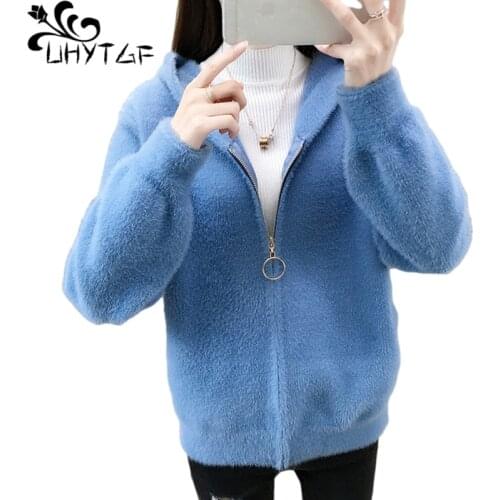 UHYTGF Imitation Mink Short Sweaters Jacket Women Hooded Casual Knit Autumn Winter Coat Cardigan Female Loose Plus Size Top 1923