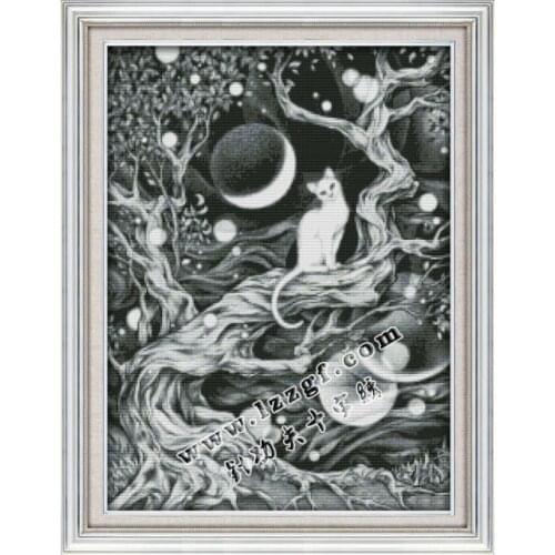 Moonlit white cat cross stitch kit 18ct 14ct 11ct count printed canvas stitching embroidery DIY handmade needlework