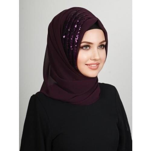 New fashion muslim hijab islamic 2021 scarf hat bone chiffon hijab headscarf Drapeli shawl Sequined Ready Turban Damson