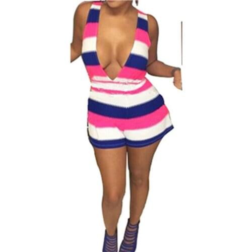 Sexy back hollow out V-Neck Stripped club wear Playsuits Wholesale Price