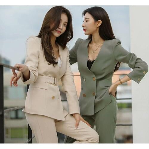Chic Womens Office Business Pants Suit Two-Piece Sets Female Blazer Girly Elegant Temperament V-Neck Suit Jacket Pantsuit Lady