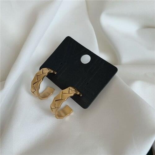 SRCOI Vintage Gold Color Rhombus Lattice Texture C-Shaped Hoop Earring Metal Bump Geometric Earring Women Fashion Jewelry Party