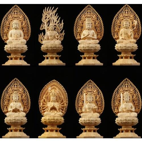 28CM Eight Gods Patron Saint Feng Shui Solid Wood Buddha Statues Bodhisattva Peace Lucky Sculpture