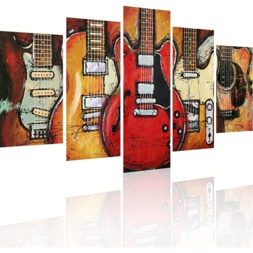 Vintage Guitar 5 Panels DIY Wood Frame Canvas Painting Posters Wall Art Print Picture Living Room Home Decoration