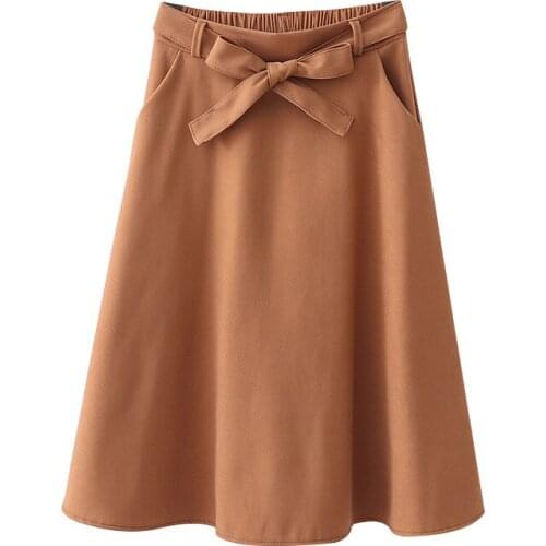 New Korean Solid Autumn Cotton Midi Skirts Womens 2020 Spring Lace Up Elastic Waist Long Women Skirt Knee Length Skirt Female