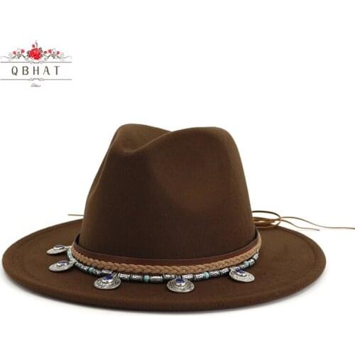 QBHAT European US Classic Jazz Fedora Hats with Folk-custom Band Large Brim Trilby Floppy Cap Panama Women Wool Felt Hat