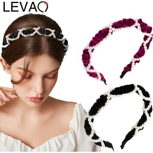 LEVAO Solid Color Pearl Pleated Hairband For Women Fashion Headband Velvet/fabric Retro Hair Loop Female Hair Accessories