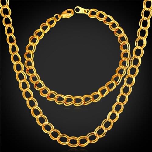 Gold Color Bracelet And Necklace Set Mens Jewelry Gift 8'' 21'' 2-Layer Chain Gold Jewelry Set NH1621