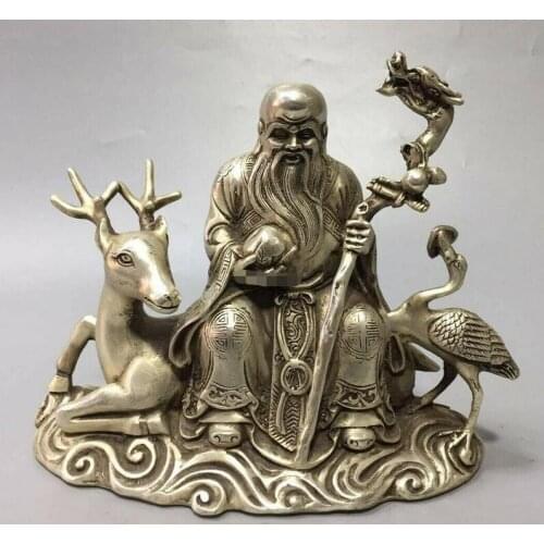 8'' bronze copper silver plating auspicious treasure deer crane god of longevity