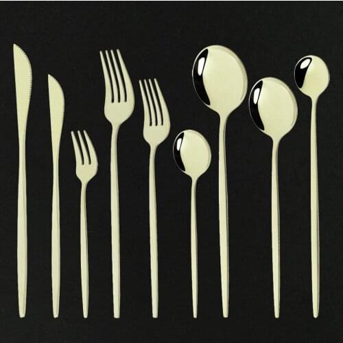 9 Piece New Shiny Champagne Gold Stainless Steel Single Dinnerware Set Dessert Fork Scoops Dinner Knife Teaspoon Silverware Set