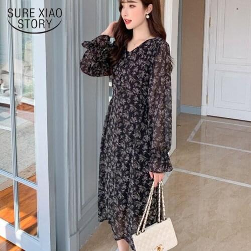 Apricot Flare Sleeve Elegant Party Dress Spring New Vintage Floral Print Chiffon Dress V-neck Long Sleeve Midi Dresses 8029 50