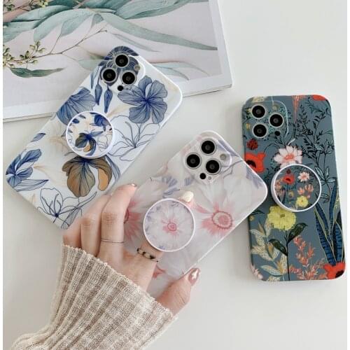 Phone Case For iPhone 12 11 Pro X XR XS Max 7 8 Plus SE 2 12 Mini Retro Flower Floral Folding Holder Matte Soft IMD Phone Cover