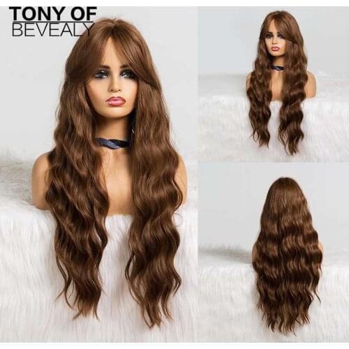 Long Wavy Brown Wigs With Bangs Heat Resistant Synthetic Wigs For Black Women African American Cosplay Wigs Middle Part