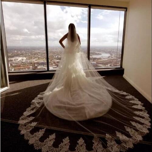 Luxury Real Image Wedding Veils Two Layers Lace Applique Edge Bridal Veils Custom Made Long Cathedral Length 3M Wedding Veil