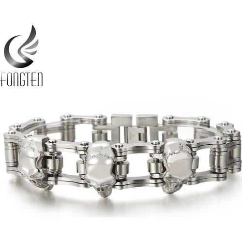Fongten Skull Head Charm Biker Rock Punk Men Bracelet Motorcycle Stainless Steel Link Chain Bicycle Bangle Jewelry