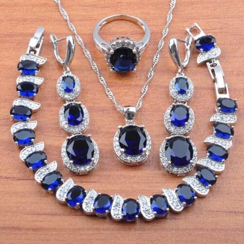 Exquisite Blue Cubic Zirconia Wedding Jewelry Set For Women Silver Color Bracelet Earrings And Necklace Pendant Rings Set JS0119
