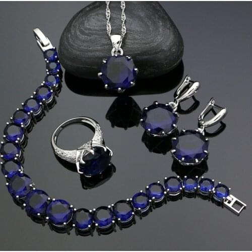 925 Silver Jewelry Sets For Girls Accessories Blue Cubic Zirconia Earrings Ring Bracelet Pendant Necklace Set Silver Jewelry
