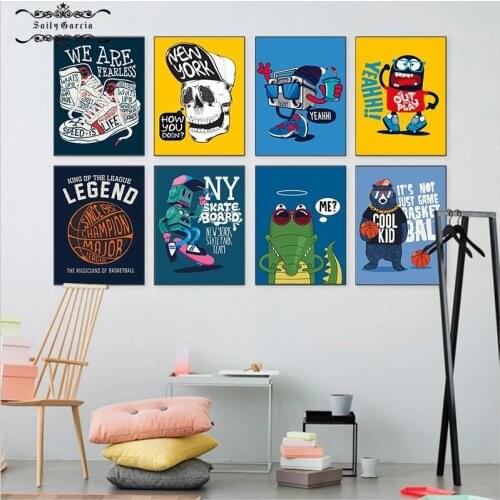 Cartoon Creative Funny Basketball Theme Poster Fashion Skate Team Sports Canvas Painting for Boys Room Home Decoration Pictures