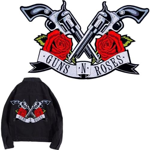 Punk Double Guns Roses Skull Iron On Embroidery Patches Biker Stickers Clothes Embroidery Jacket Motorcycle Backpack Big Patches