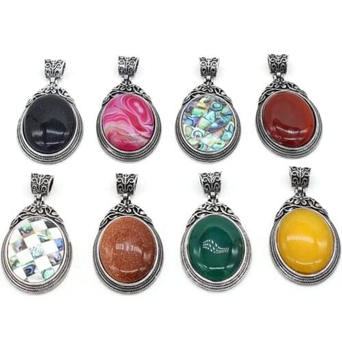 Natural stone Pendant Vintage Metal Alloy Oval Shape Exquisite charms For jewelry making DIY Necklace accessories 40x60mm