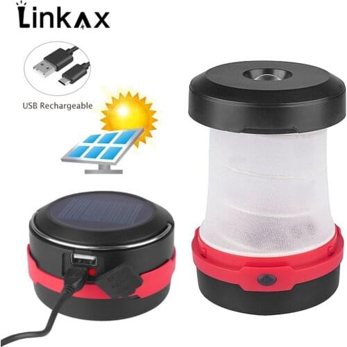 Portable Solar LED Camping Lantern USB Rechargeable Collapsible Camping Light for Outdoor Hiking with 18650 battery 1200mAh
