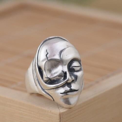 Pure100% S990 Sterling Silver Personalized Open Rings for Women Gift Punk Mask 990 Silver Ring Party Fine Jewelry Unique Gifts