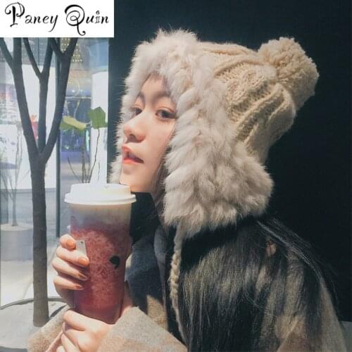 Rabbit Fur Hat For Women Fluffy Earflap Ear Caps Skiing Ear protection ball Headgear warm Beanies knit hat fur bomber HAT women