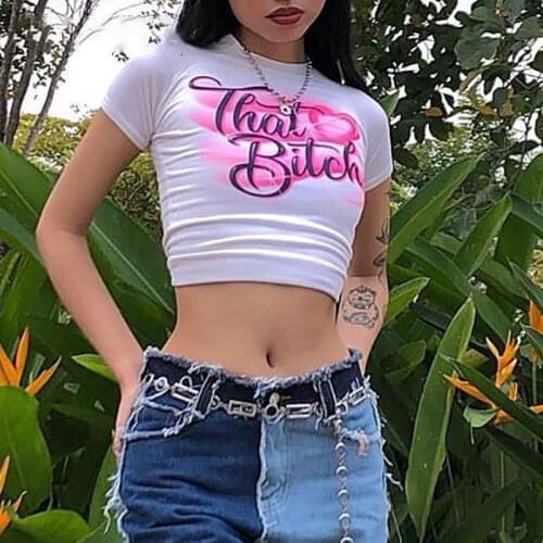 2000s Streetwear O-neck Short Sleeve T-shirts Y2K Fashion Letter Print Cute Baby Tees Summer E-girl White Crop Tops Slim