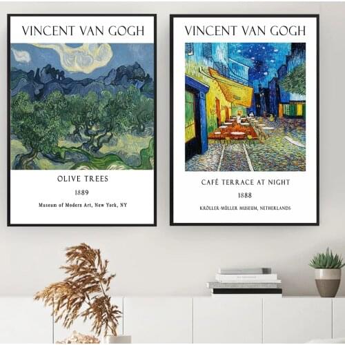 Van Gogh Olive Trees Canvas Painting Cafe Terrace At Night French Exhibition Posters Gallery Wall Art Pictures Prints Home Decor