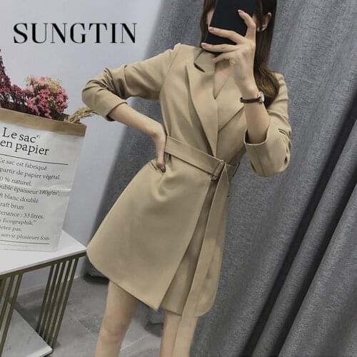 Sungtin Korean Style Casual Sashes Long Blazer Women Spring Office Lady Blazer Dress with Belt Female Chic Elegant Blazer Jacket