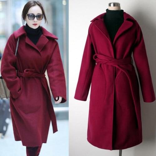 Elegant belt winter coat women long sleeve laple long coat overcoat 2020 fashion Warm wine red coat