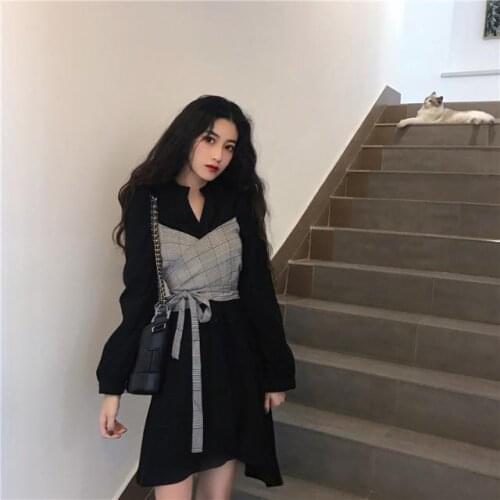 Women Dresses -Piece Skirts Spring 2021 Plaid Stitching Cross Long Sleeves Dress Womens Clothing Vestido De Mujer Femme Robe