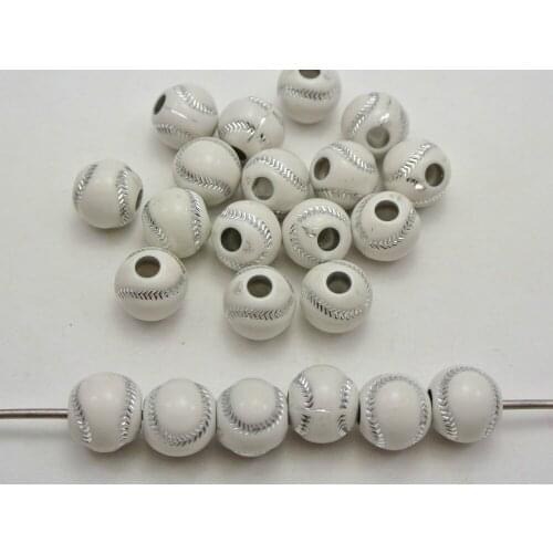 100 White Sparkling BaseBall Pattern Acrylic Round Beads 12mm
