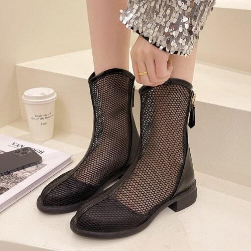 Lucyever Hollow Out Summer Boots Women Sexy Black Mesh Ankle Boots for Women 2021 Back Zipper Patchwork Pu Leather Shoes Woman