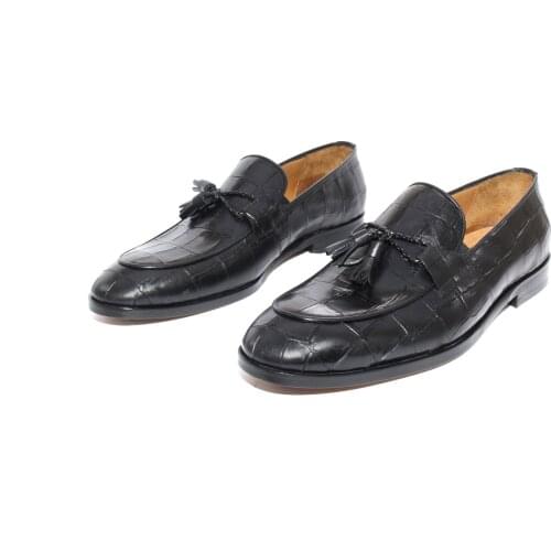 SHENBINs Handmade Black Tasseled Loafers, Real Calf Leather with Crocodile Pattern, Injected Leather Sole, Moc-Croc