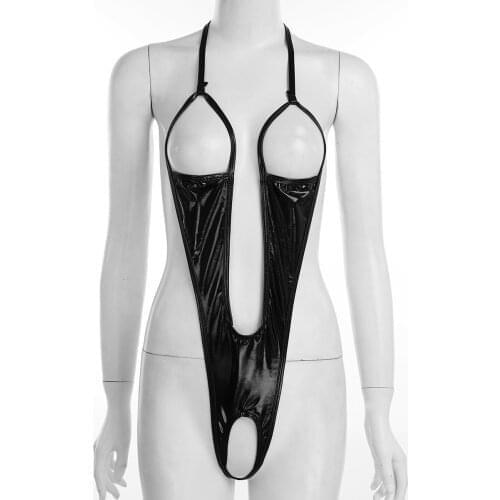 Women Erotic Sexy Bodysuit Lingerie Swimsuit Faux Leather Open Bust Backless Open Croch Sleepwear Nightwear Teddy Porno Costume