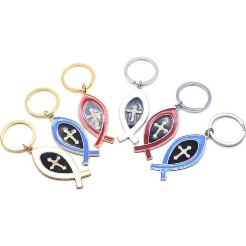 Two-sided Cross Jesus Christ Key Buckle Church Souvenirs Brief Israel Fish Shape Key Ring Chain Religious Ornaments