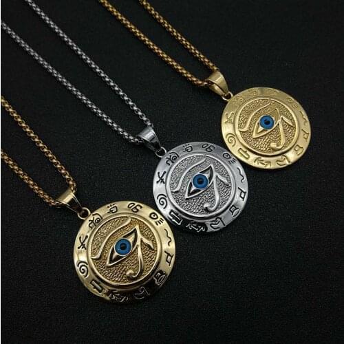 Egyptian Eye of Horus Pendant Necklace Gold Color Stainless Steel Ancient Egypt Jewelry Round Collares Faith Gift Dropshipping