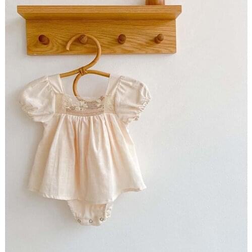 Baby Girl Bodysuit Newborn Princess Baby Dress For Girl Square Collar Solid Color Bubble Short Sleeves Infant Baby Girl Clothes