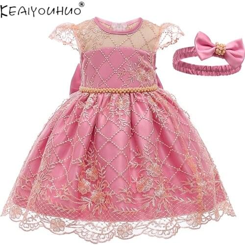 Children Birthday Evening Party Girls Costume Baby Girls Dress Kids Clothes Dress+Headband 2pcs Carnival Bow Clothing 2 to 5 Y