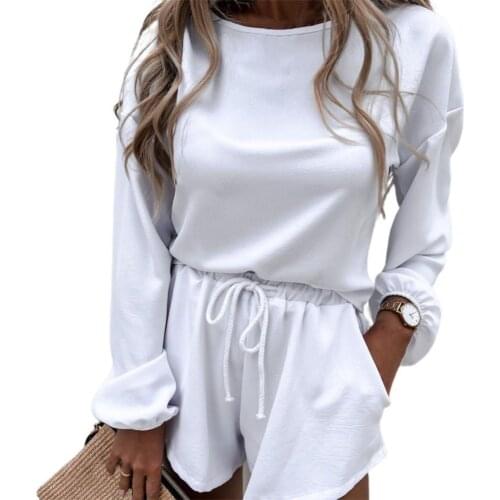 2Pcs/Set Autumn Suit Women Top Shorts Suit Long Sleeve Solid Color Drawstring O-Neck Blouse Shorts Suit Sports Matching Sets
