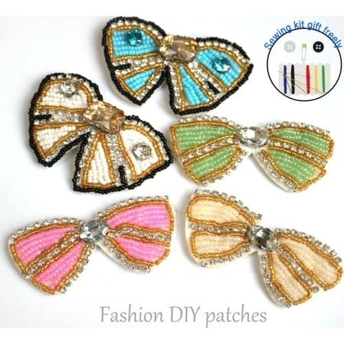 Fashion bowtie rhinestone beaded Patches for clothes Sew on sequin patch badge Applique embroidered parches bordados para
