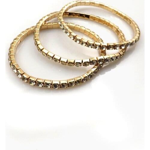 Fashion Gold Color Single Row Crystal Paved Stretchy Bracelets Stackable Bangle 50pcs/lot