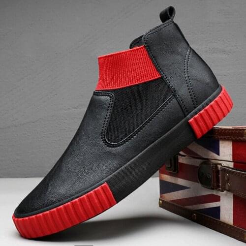 Mens Moccasins Casual high top slip on Leather Shoes Male Casual Shoes black gray Sneakers Leather flats shoes A22-03