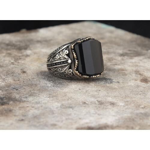925 Sterling Silver Black Zircon GemStone Men Silver Ring, Vintage Silver Ring For Men, Handmade Engraved Mens Ring