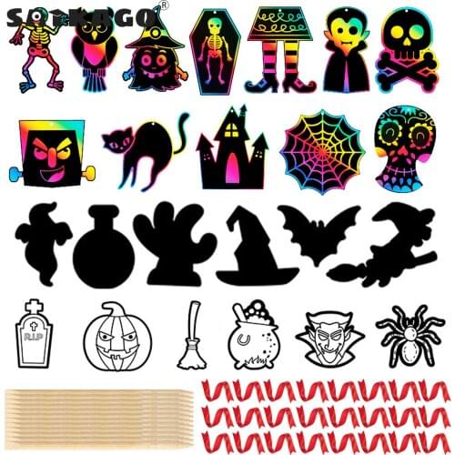 Satkago Halloween Scratching Paper Art Set for Kids 24pcs Colorful Scratching Card Ribbon Pen Halloween Decorations Supplies