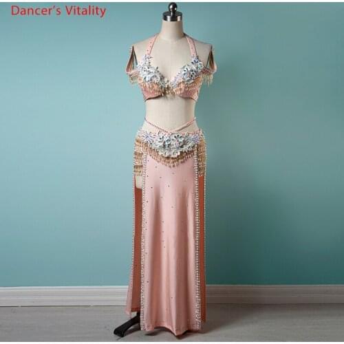 Belly Dance Set AB stones Bra fringes Long Skirt Performance Clothing Custom Suit Adult Child Competition Profession Clothes