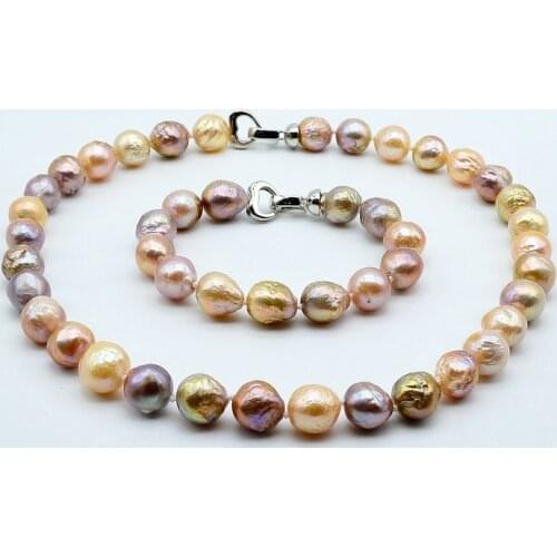 Rainbow pearl set, necklace bracelet, natural baroque pearl, heart buckle, diameter 11-12mm, natural freshwater pearl