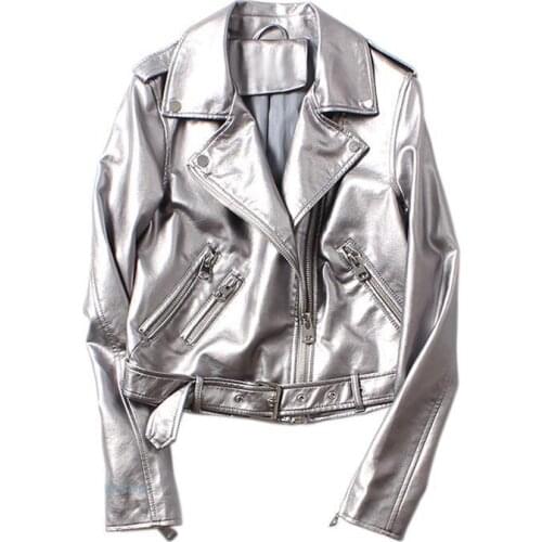 2020 New Fashion Womens Short Parka Coat Leather Biker Silver Motorcycle Zipper Jackets Outerwear